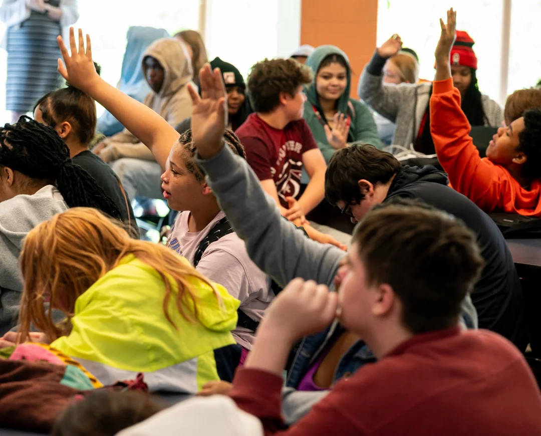 Students raising their hands in classroom
